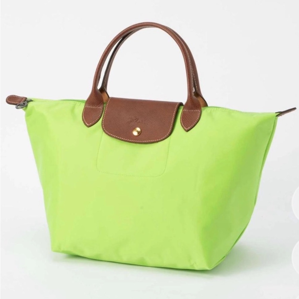 Longchamp Le Pliage SMALL SIZE Lime Green Tote with Brown Leather Trim